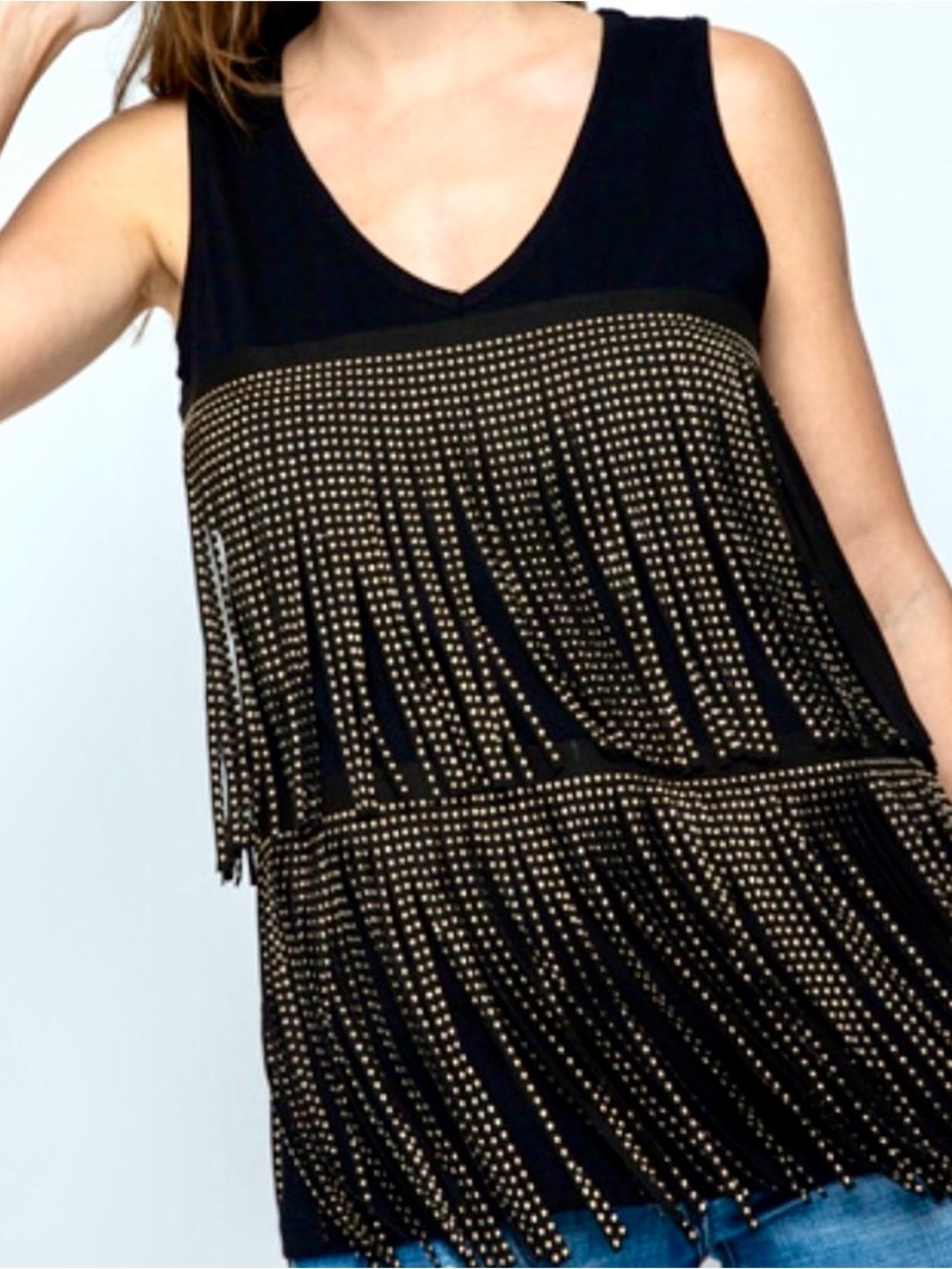 Vocal Black Fringe Tank with Gold Stud Accents